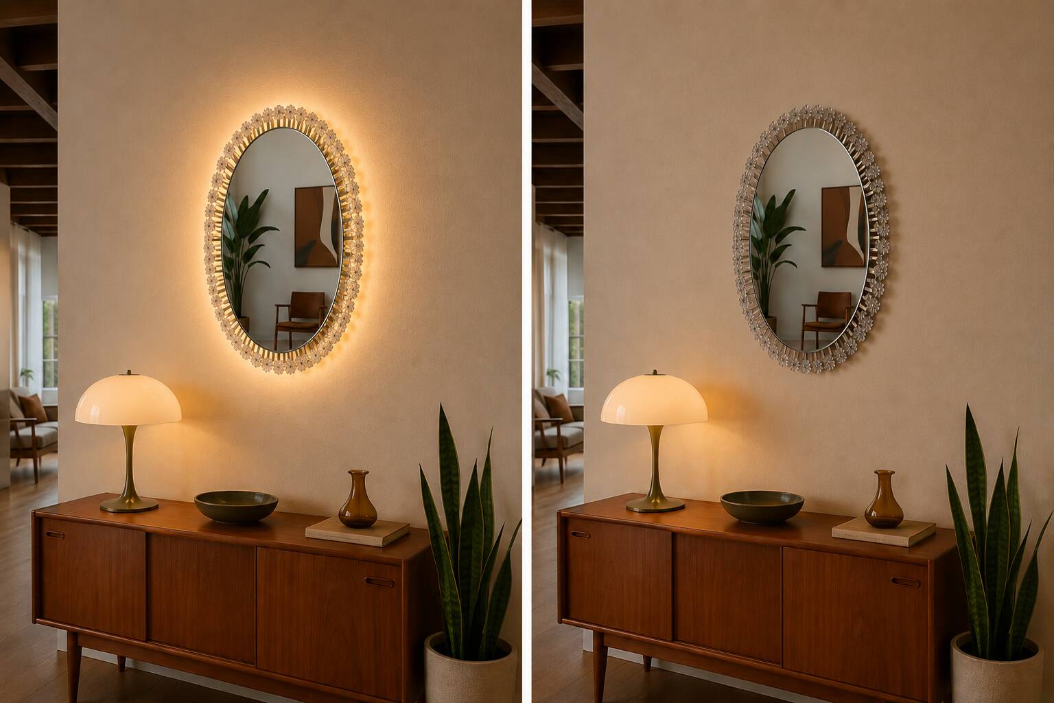 Miroir à fleurs vintage avec éclairage Emil Stejnar Rupert Nikoll