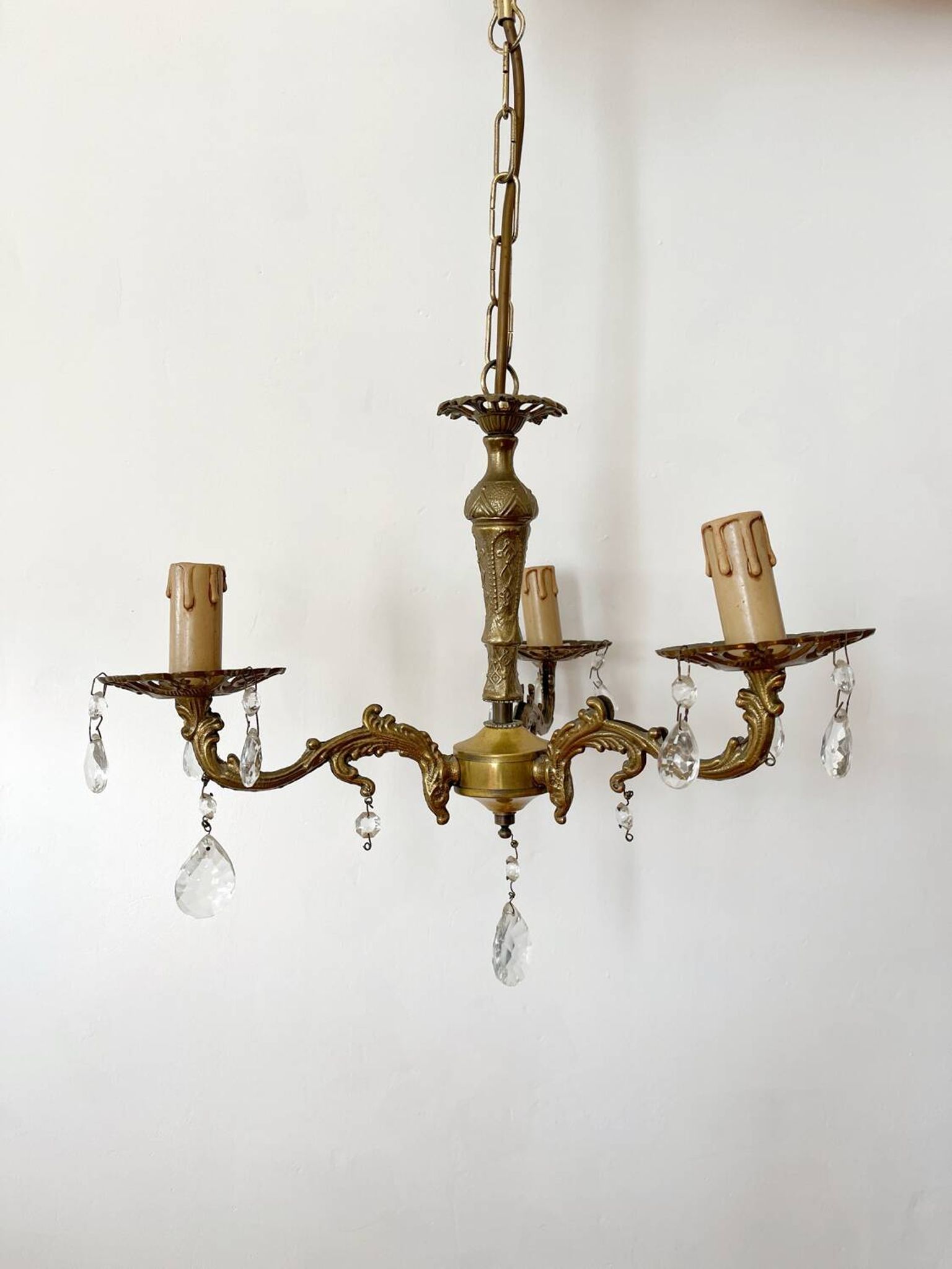 Lustre ancien 3 bras laiton et pampilles