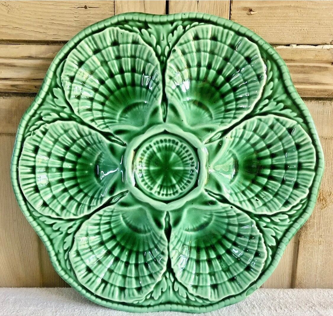 7 old oyster plates Sarreguemines green slurry