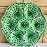 7 anciennes assiettes à huîtres barbotine verte sarreguemines
