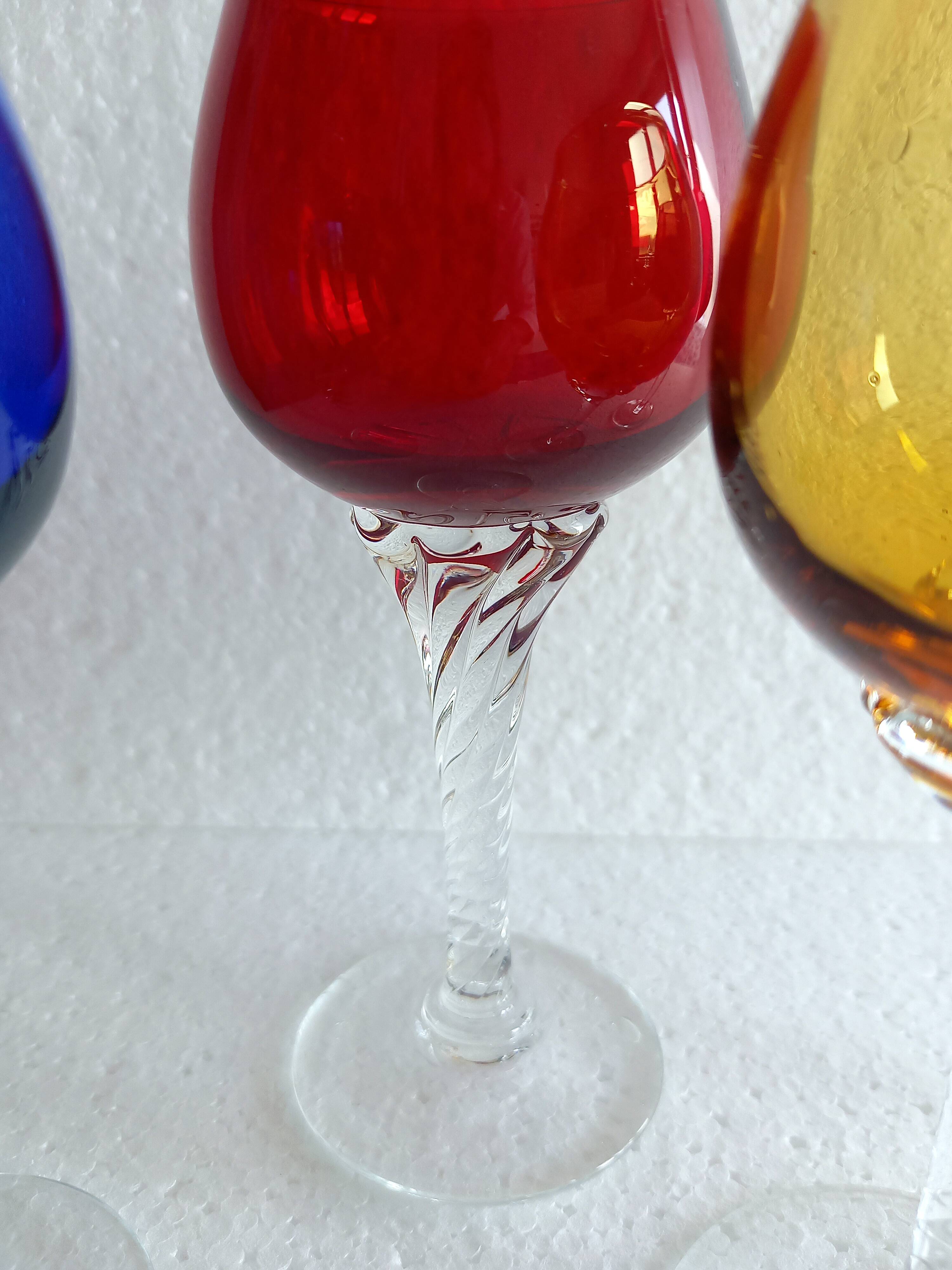 4 Antique Stemmed Liqueur Glasses in Colored Blown Glass