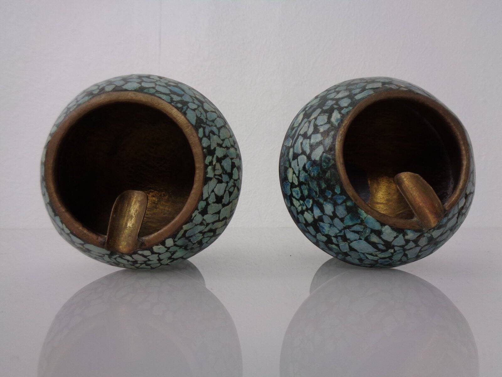 Vintage Indian Copper & Turquoise Stone Ashtrays, 1960s, Set of 2