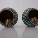 Vintage Indian Copper & Turquoise Stone Ashtrays, 1960s, Set of 2