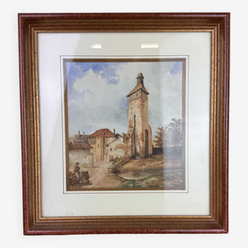 Aquarelle vue d'un clocher de village datée de 1899 historique au verso bel encadrement