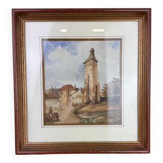 Watercolor view of a village bell tower dated 1899 historical on the back beautiful frame