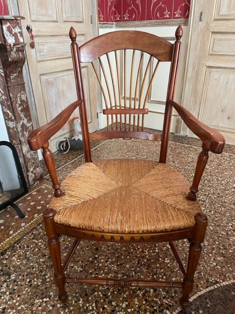 Artisanal Provencal table wrought iron base 4 chairs wreath and two armchairs gerbe Rochebobois