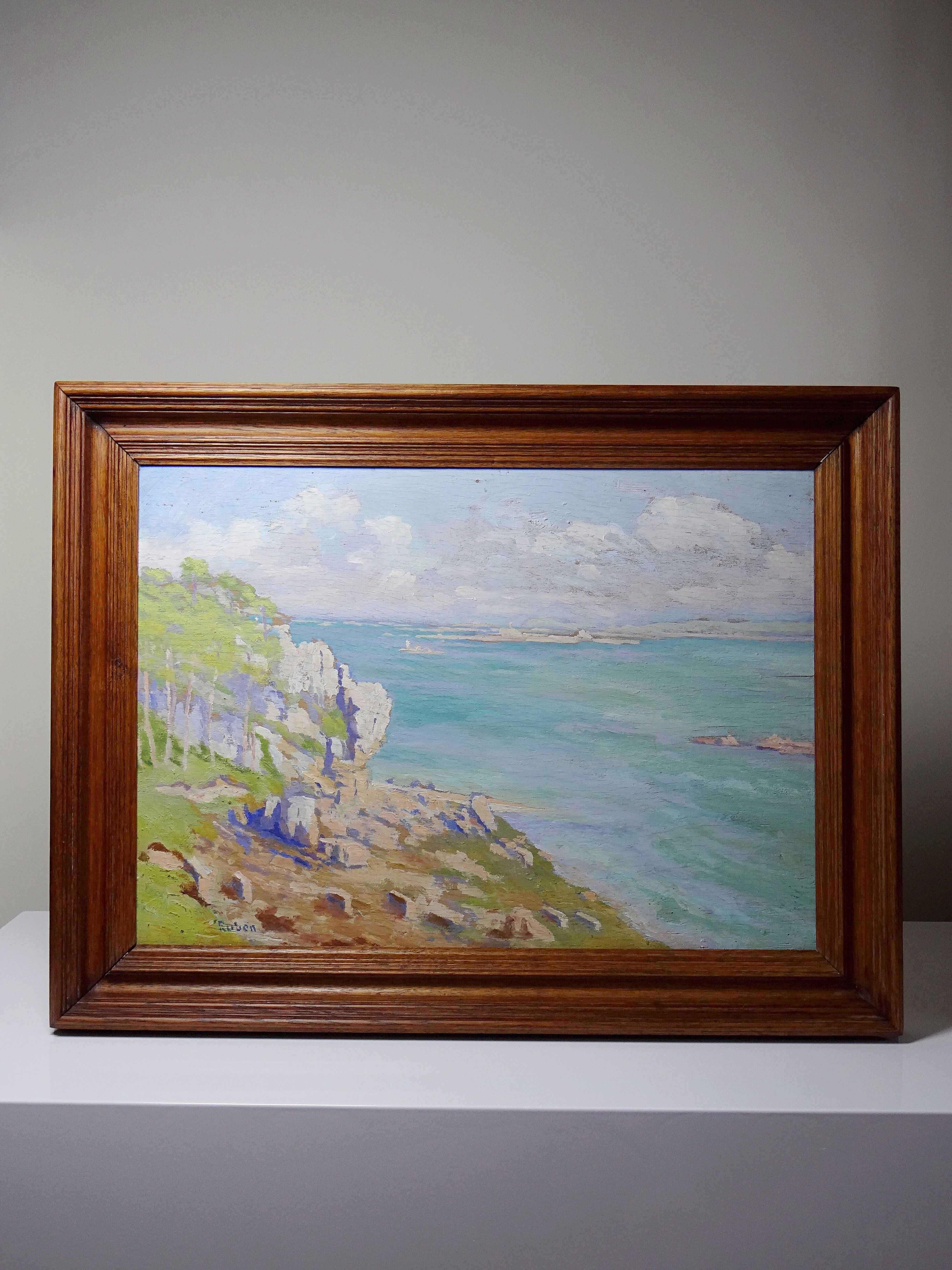 Grand paysage marine falaises huile sur panneau encadré Paul RUBEN (1882-1955)