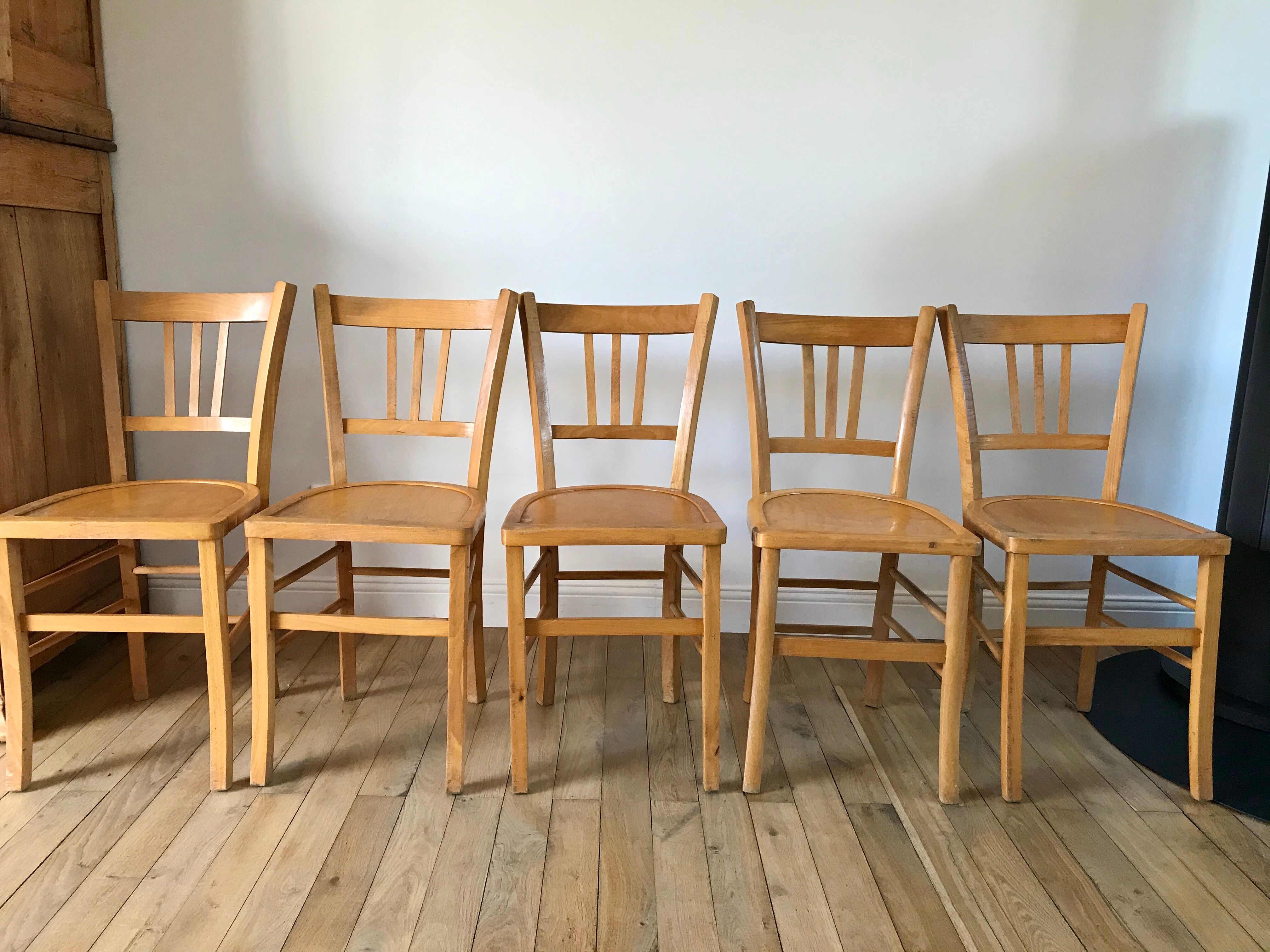 Set of 5 Luterma light blond wood bistro chairs from the 50s