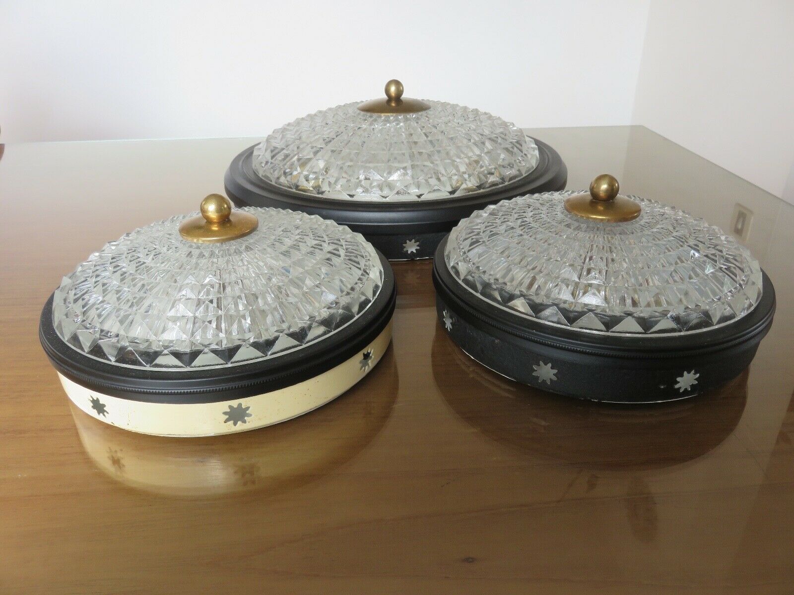 Wall lamp " starred " 2 fires, diamond glass and brass years 50 60