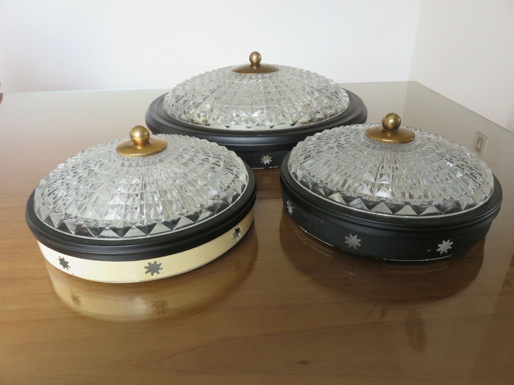 Wall lamp " starred " 2 fires, diamond glass and brass years 50 60