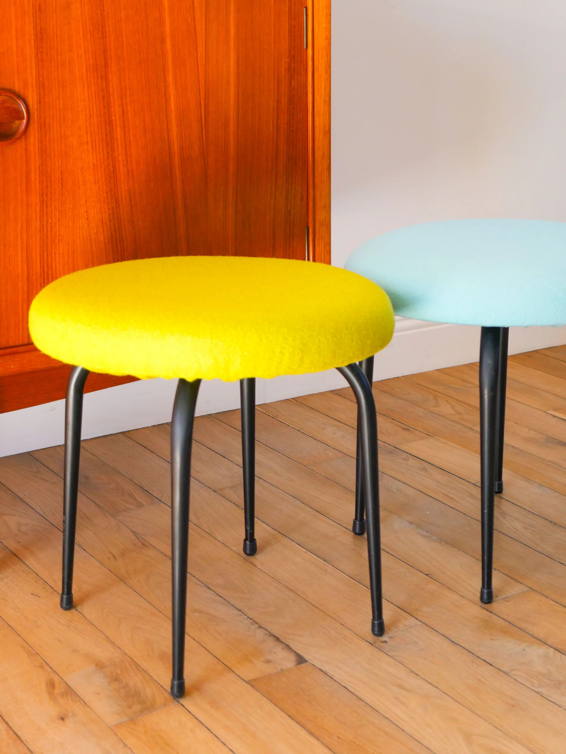 Black iron stool and boiled wool, green, 1960