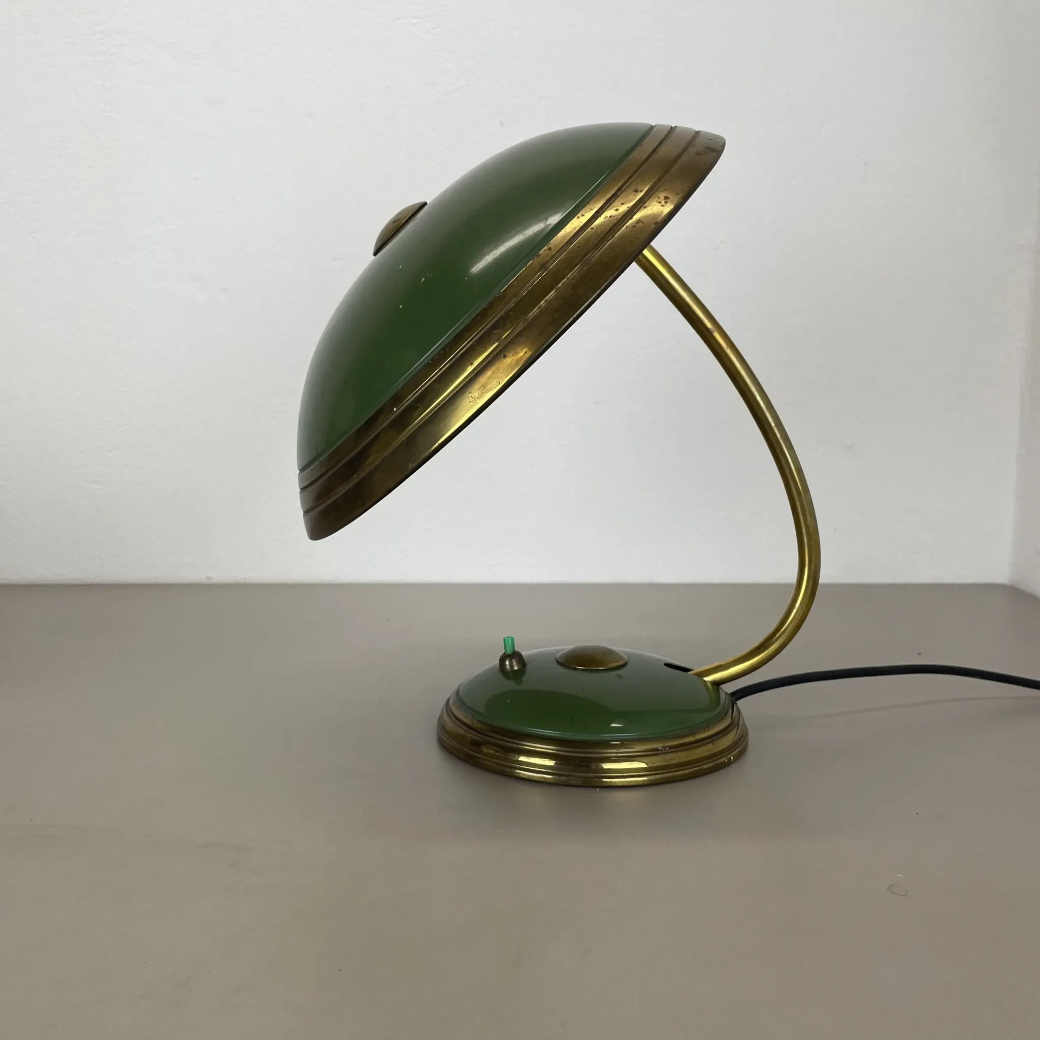 German green bauhaus table lamp in brass and metal by helo lights, germany, 1950s