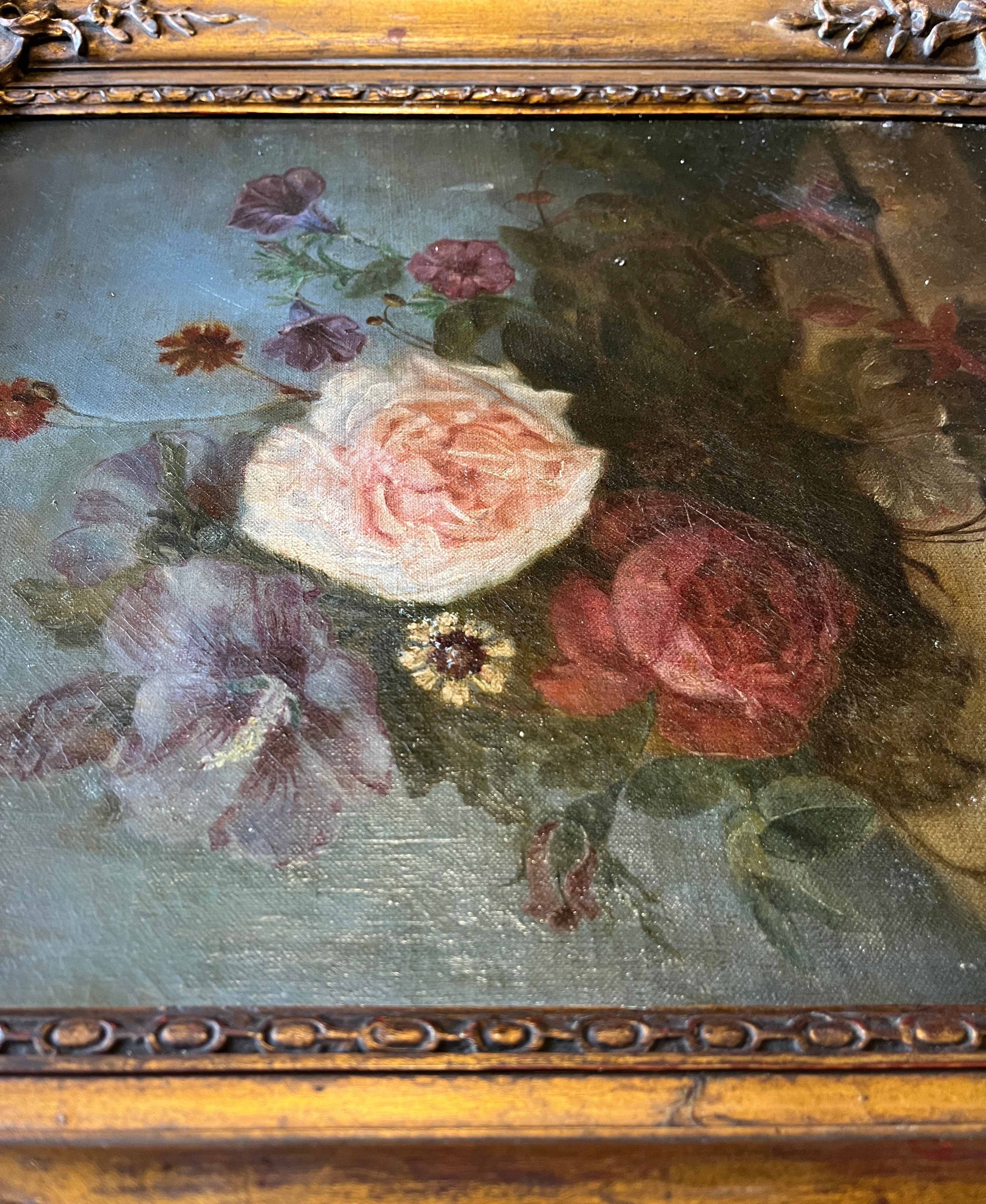 Tableau HST vers 1874 Jetée de fleur sur entablement signé + cadre
