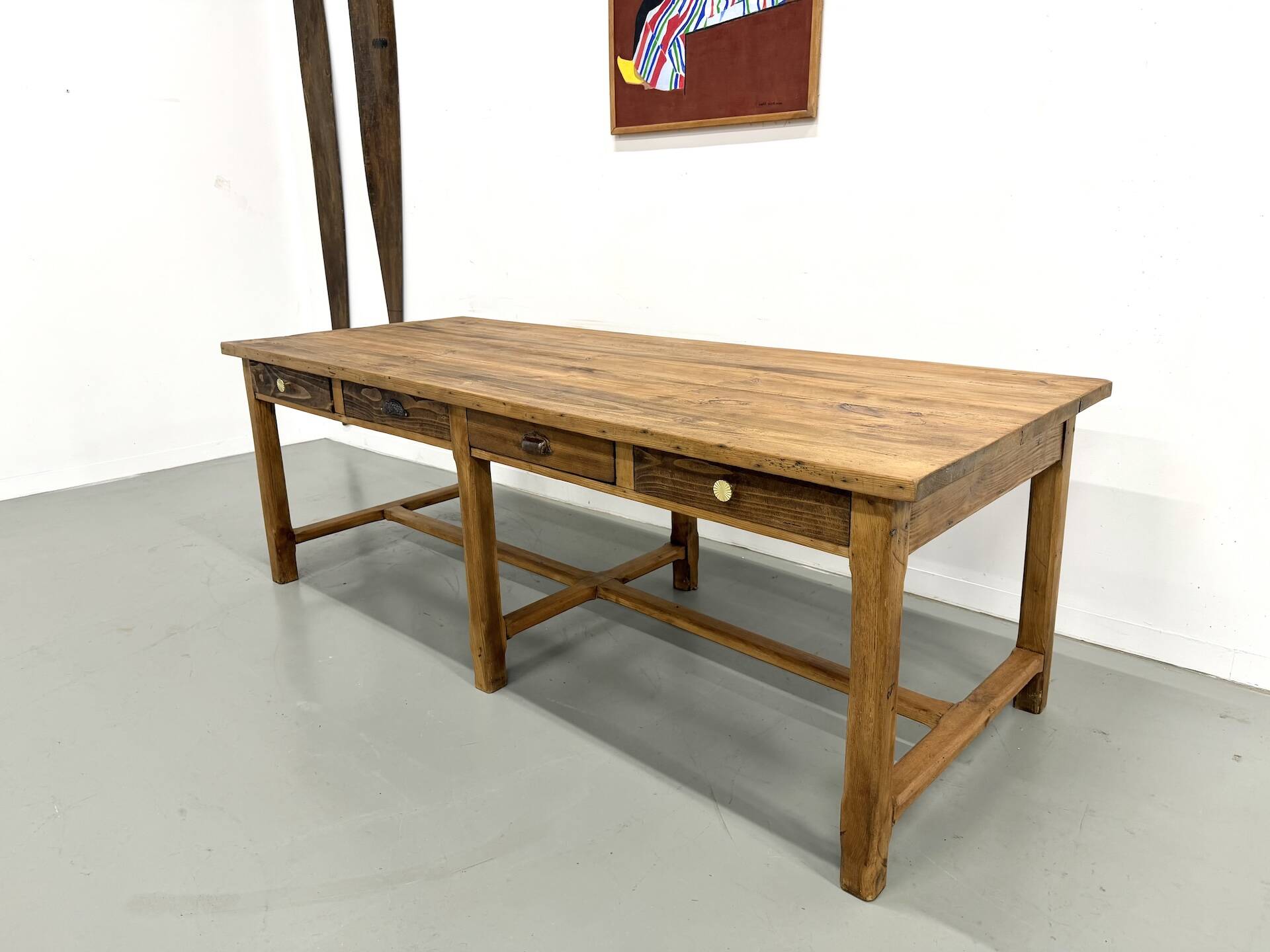 Table de Ferme "Meuble de Métier" en Pin – 8 Tiroirs (L221 cm)