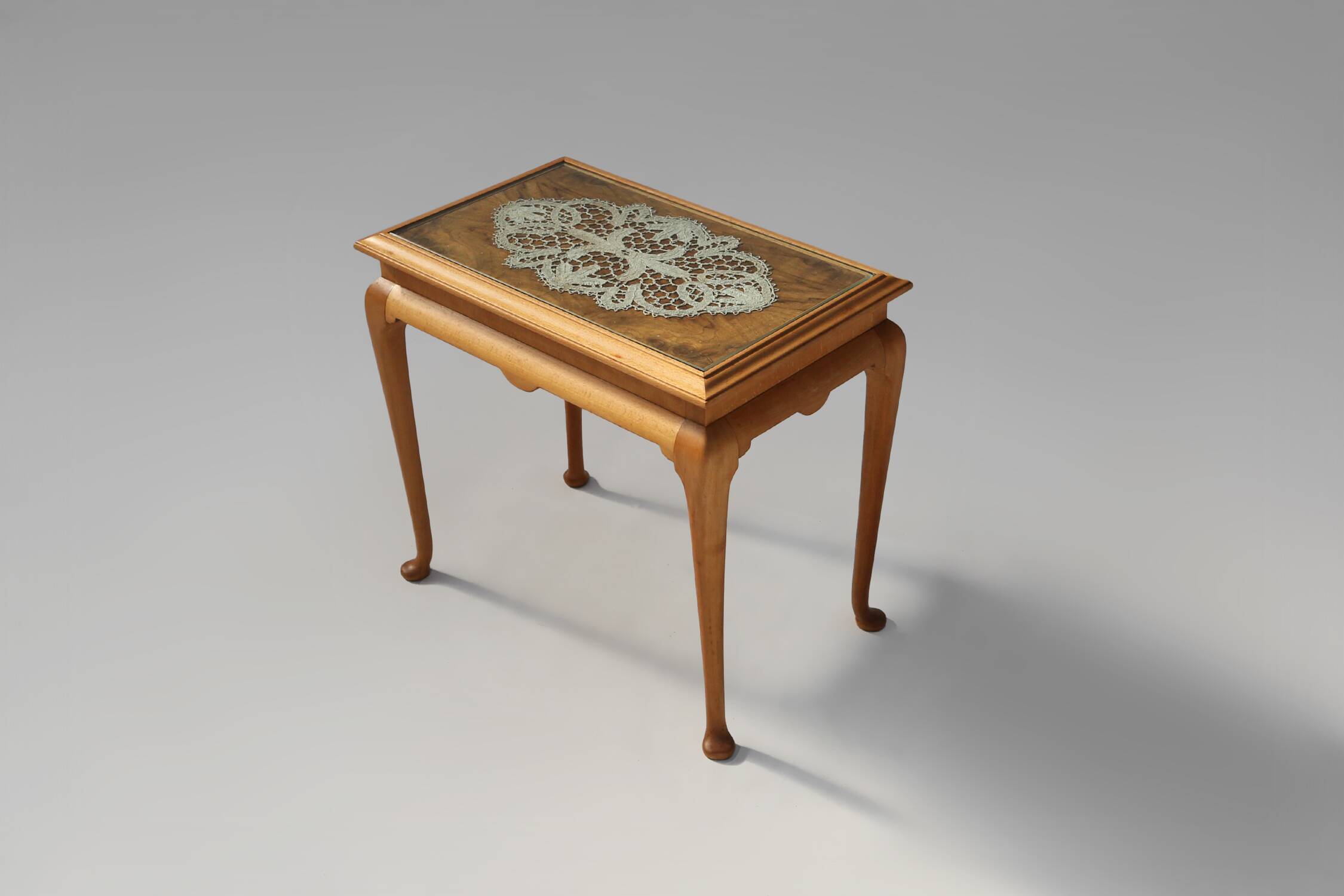 Elegant French side table in beech wood with lace inlay and glass top, 1950s
