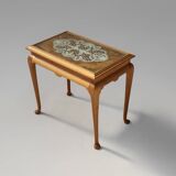 Elegant French side table in beech wood with lace inlay and glass top, 1950s