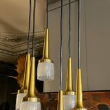 Cascade chandelier 6 elements, Staff Leuchten, brass and gold-plated aluminum, glass, ca 1970