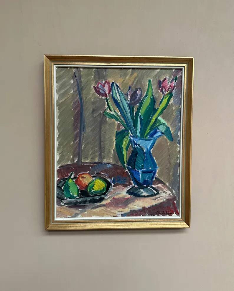 Original Swedish Oil on Canvas - 'Tulips' by Knut Lindström - Signed - Dated 1966 - Framed
