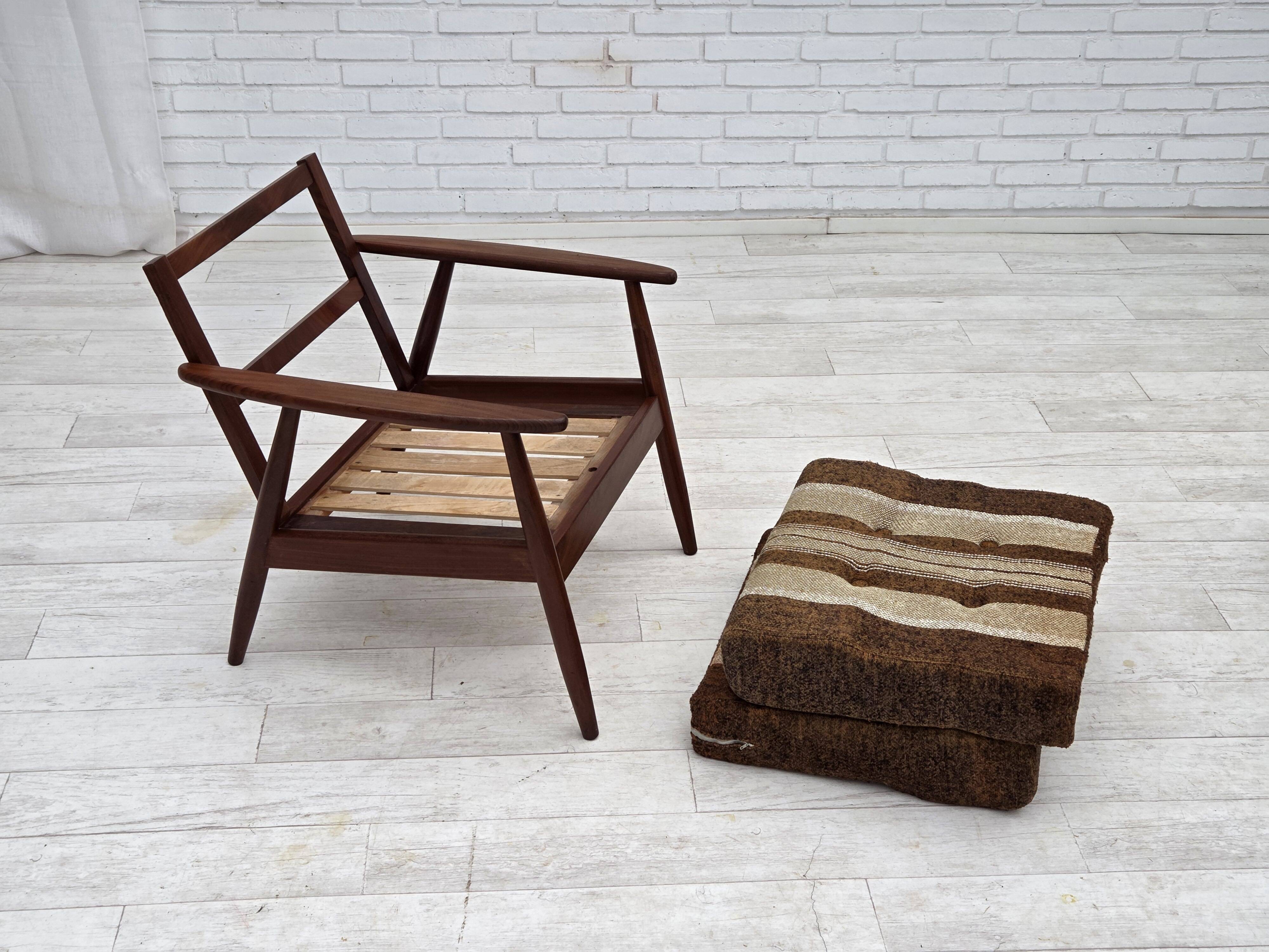 1970s, Danish armchair, teak wood, furniture wool fabric.