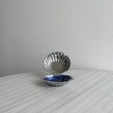 Antique shell butter dish in silver metal and blue glass