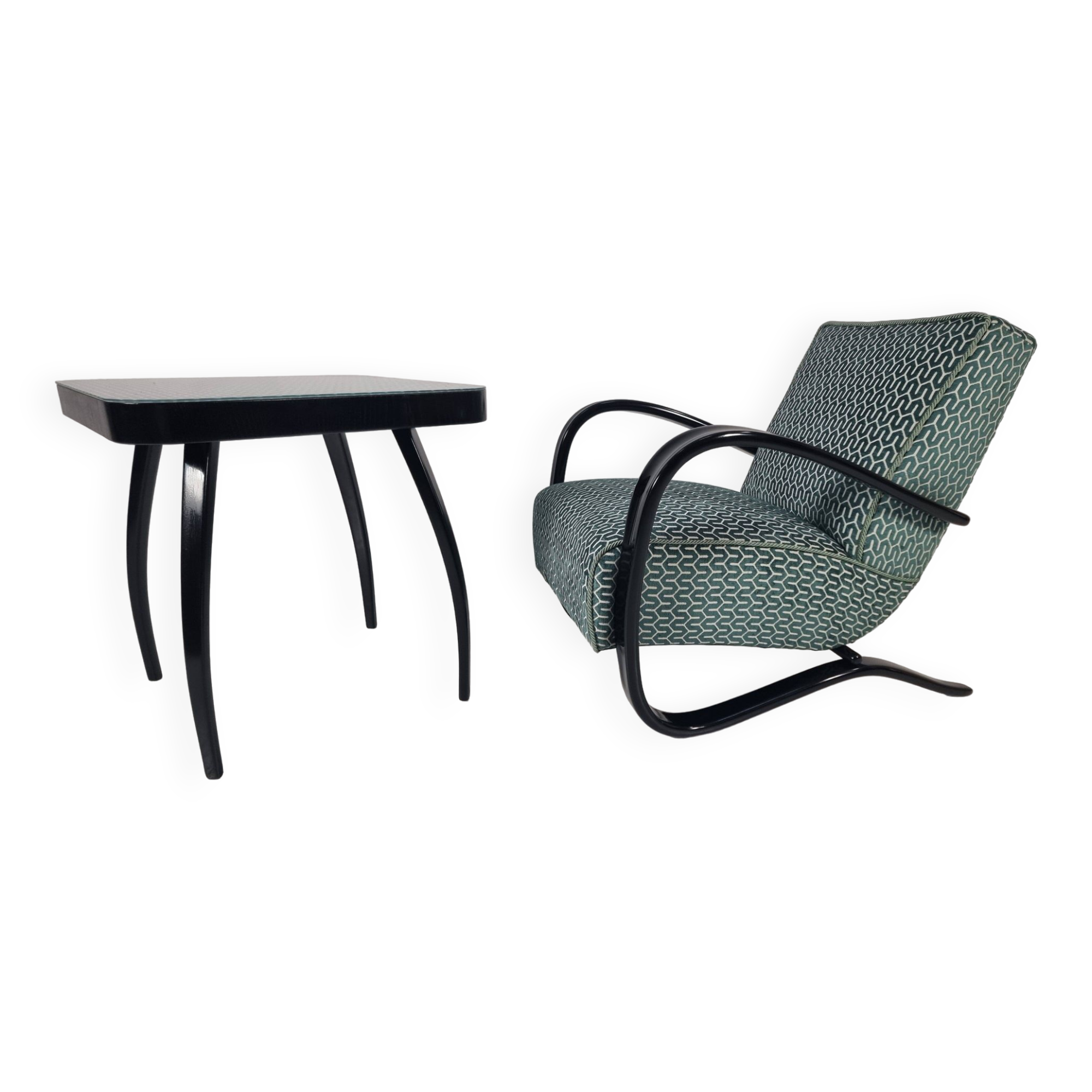 H 269 Lounge Chair and table spider by Jindřich Halabala for Up Zavody, 1940s, Set of 2