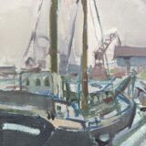 Mid 20th Century "Harbour Sundown" Swedish Modernist Coastal Scape Oil Painting, Framed