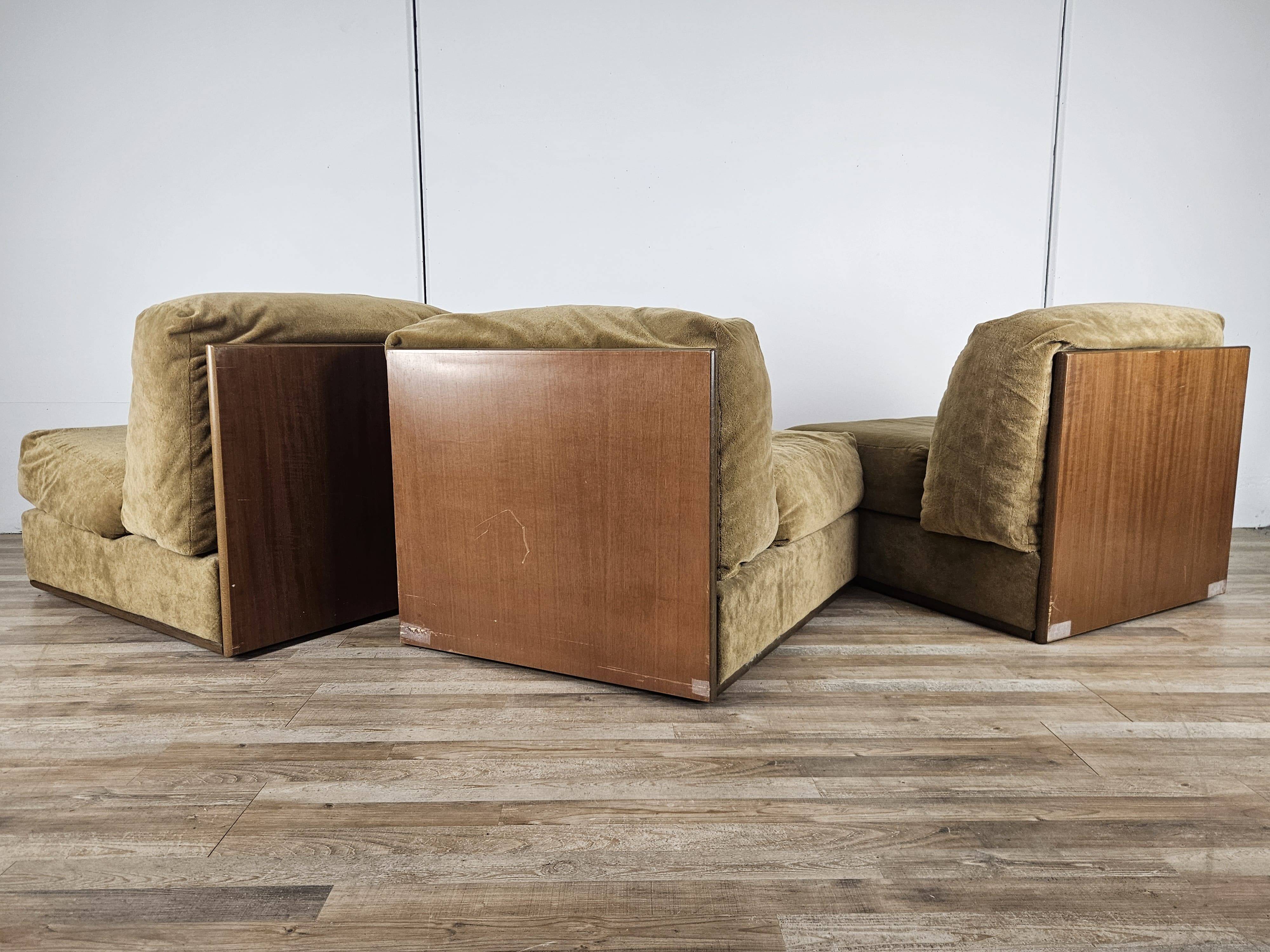 Three fabric lounge chairs 70s