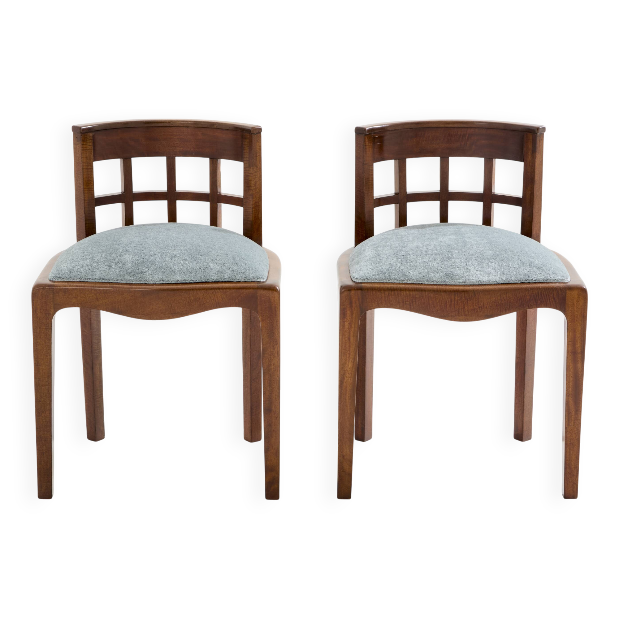 Paul T. Frankl pair of wavy walnut and mohair velvet chairs 1933