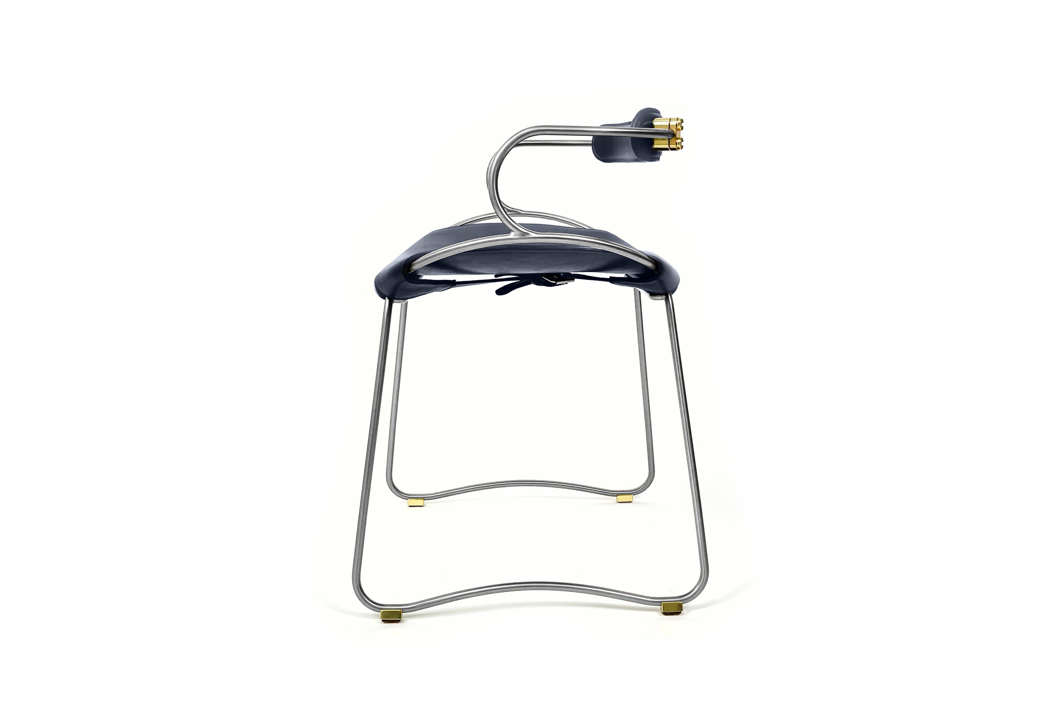 Stool height chair / table c. Backrest Aged Silver Steel and Navy Blue Leather