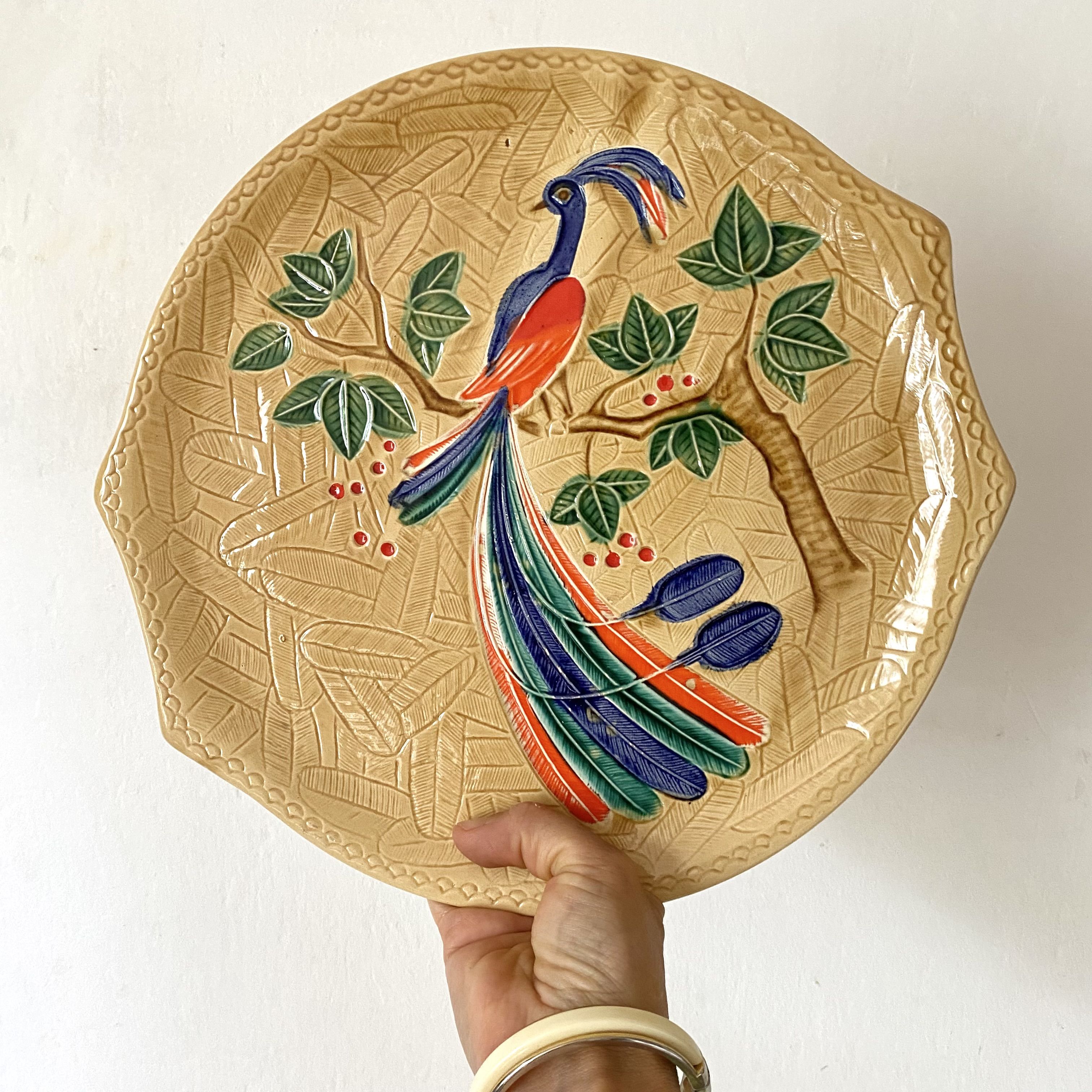 Poët Laval ceramic pie or cake dish with bird decoration