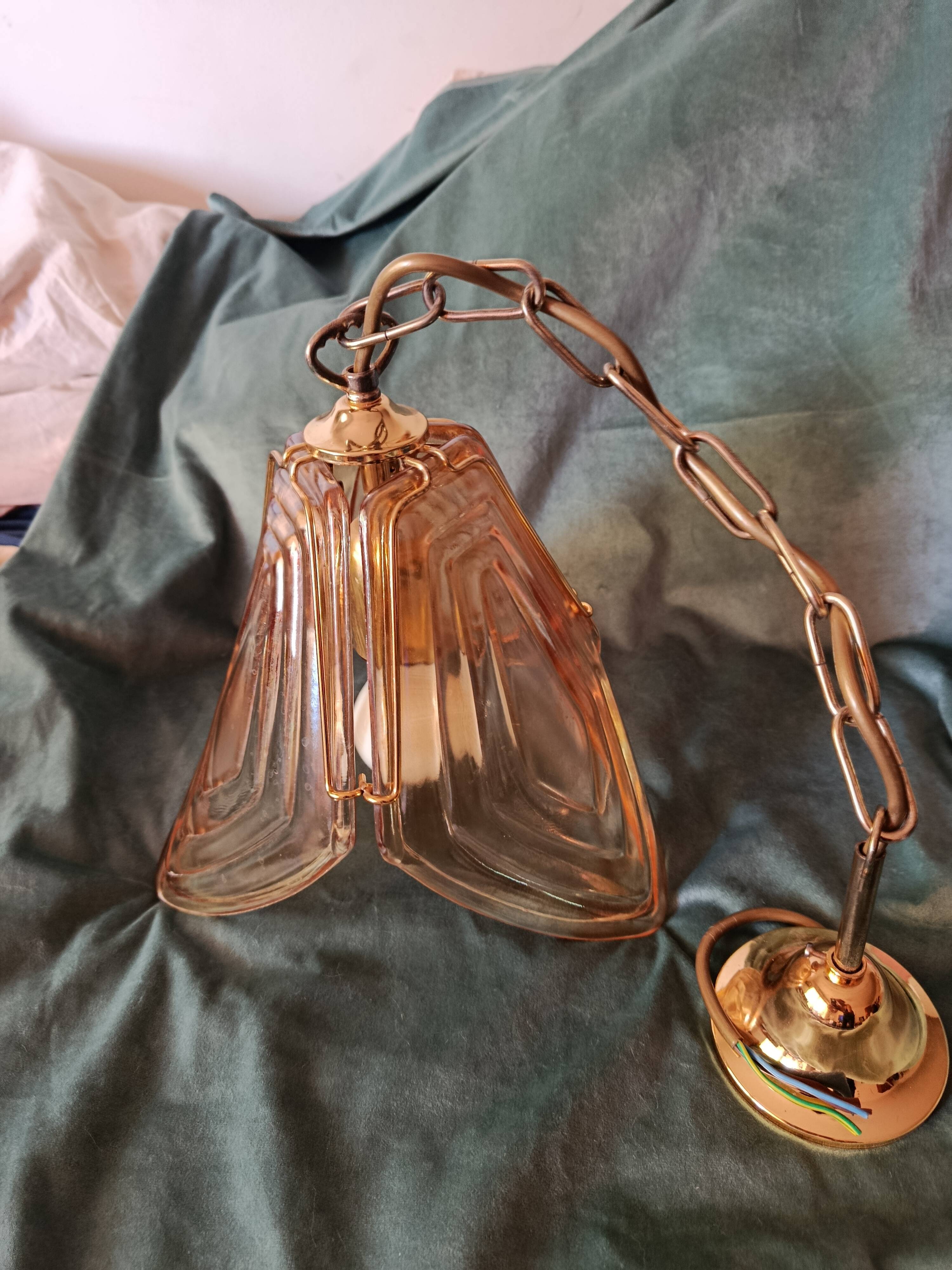 Vintage suspension in amber glass and brass