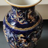 Twisted design vase. Signed Gien France/Renaissance blue background 26 x 13cm