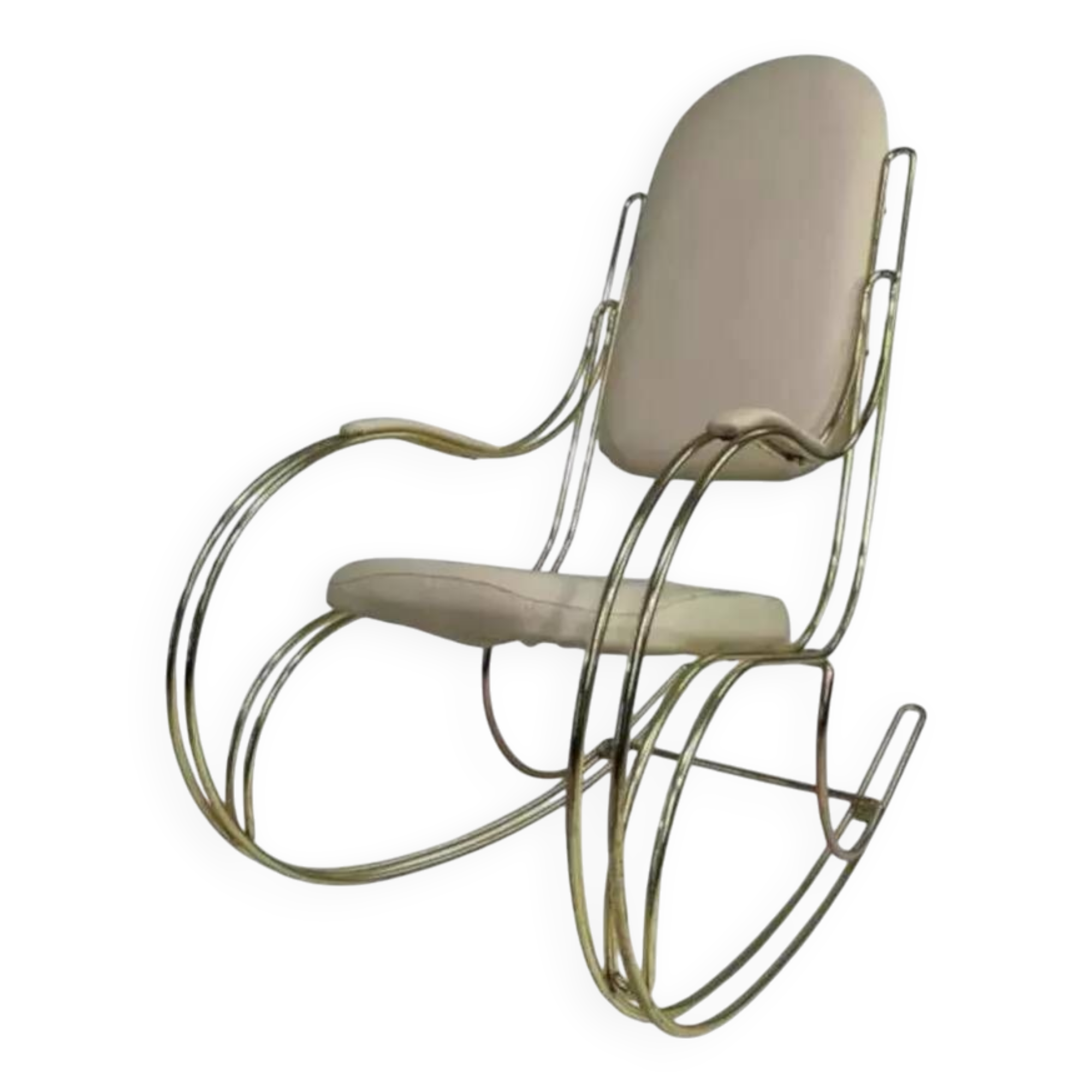 1960s rocking chair in brass and ecru imitation leather