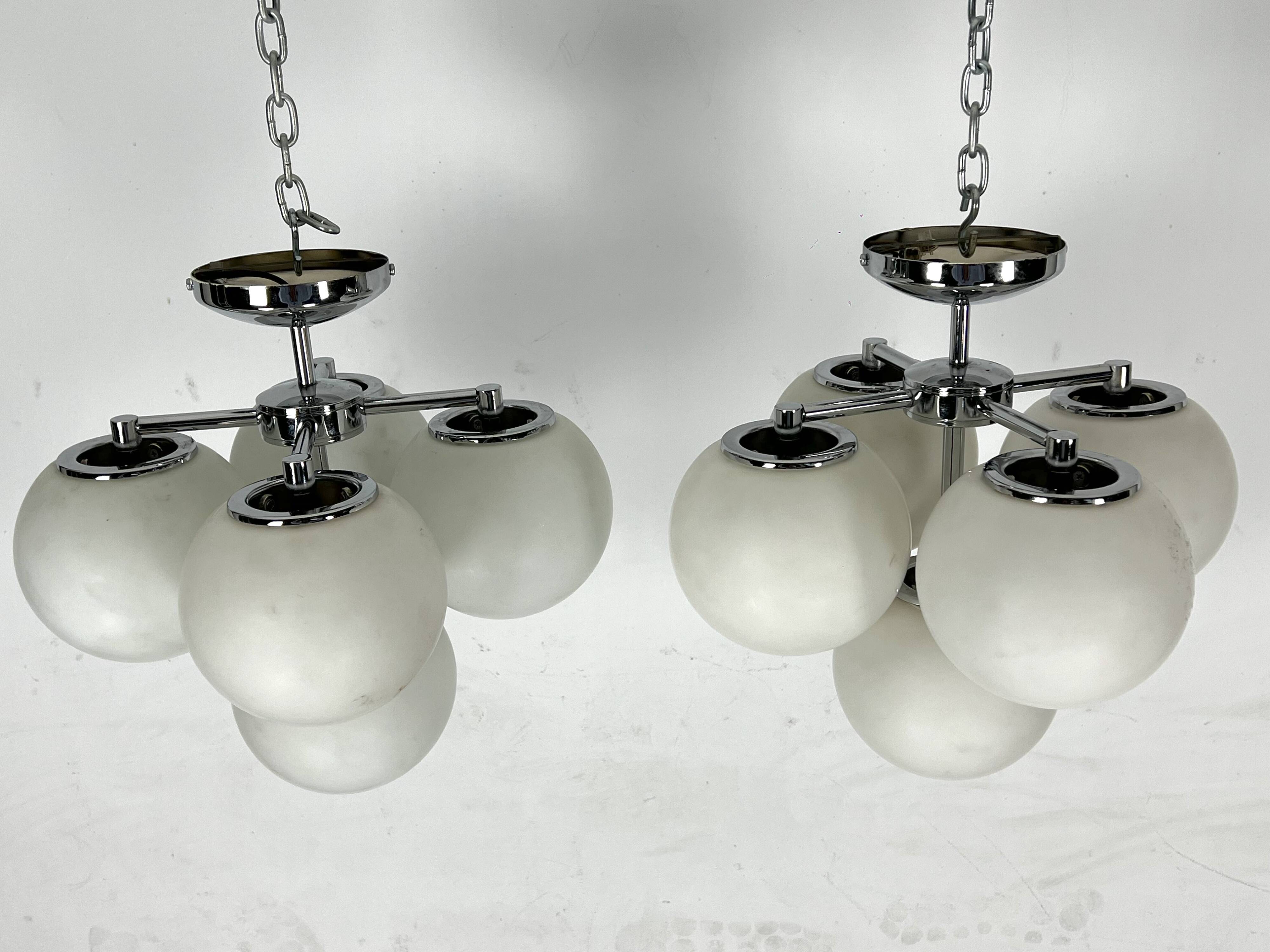 Space age style, Vintage Pair of ceiling lamps in chrome and opaline glass. Italy 1980s