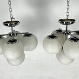 Space age style, Vintage Pair of ceiling lamps in chrome and opaline glass. Italy 1980s