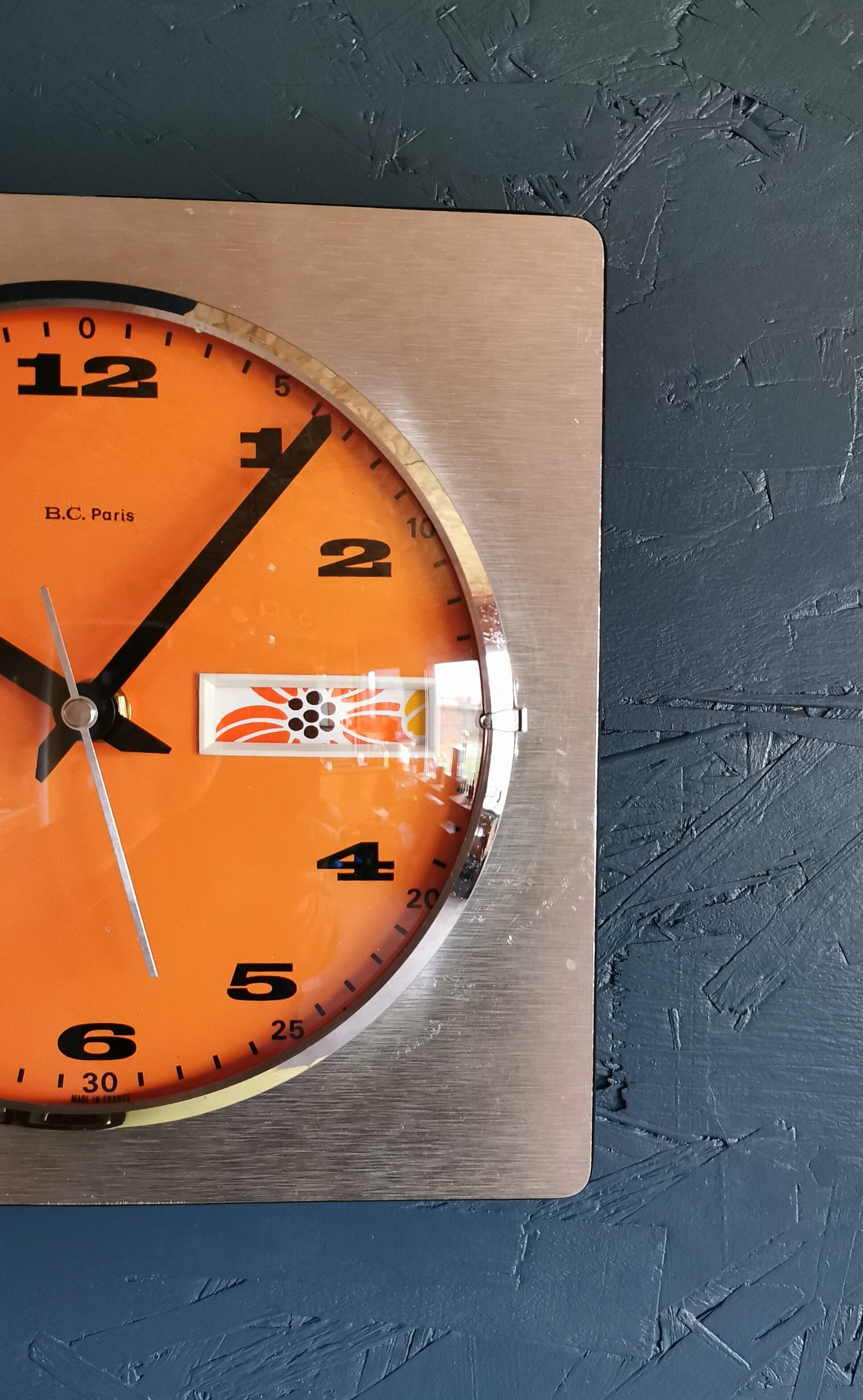 Vintage formica clock square silent wall pendulum "BC Paris silver orange"