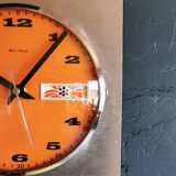 Vintage formica clock square silent wall pendulum "BC Paris silver orange"