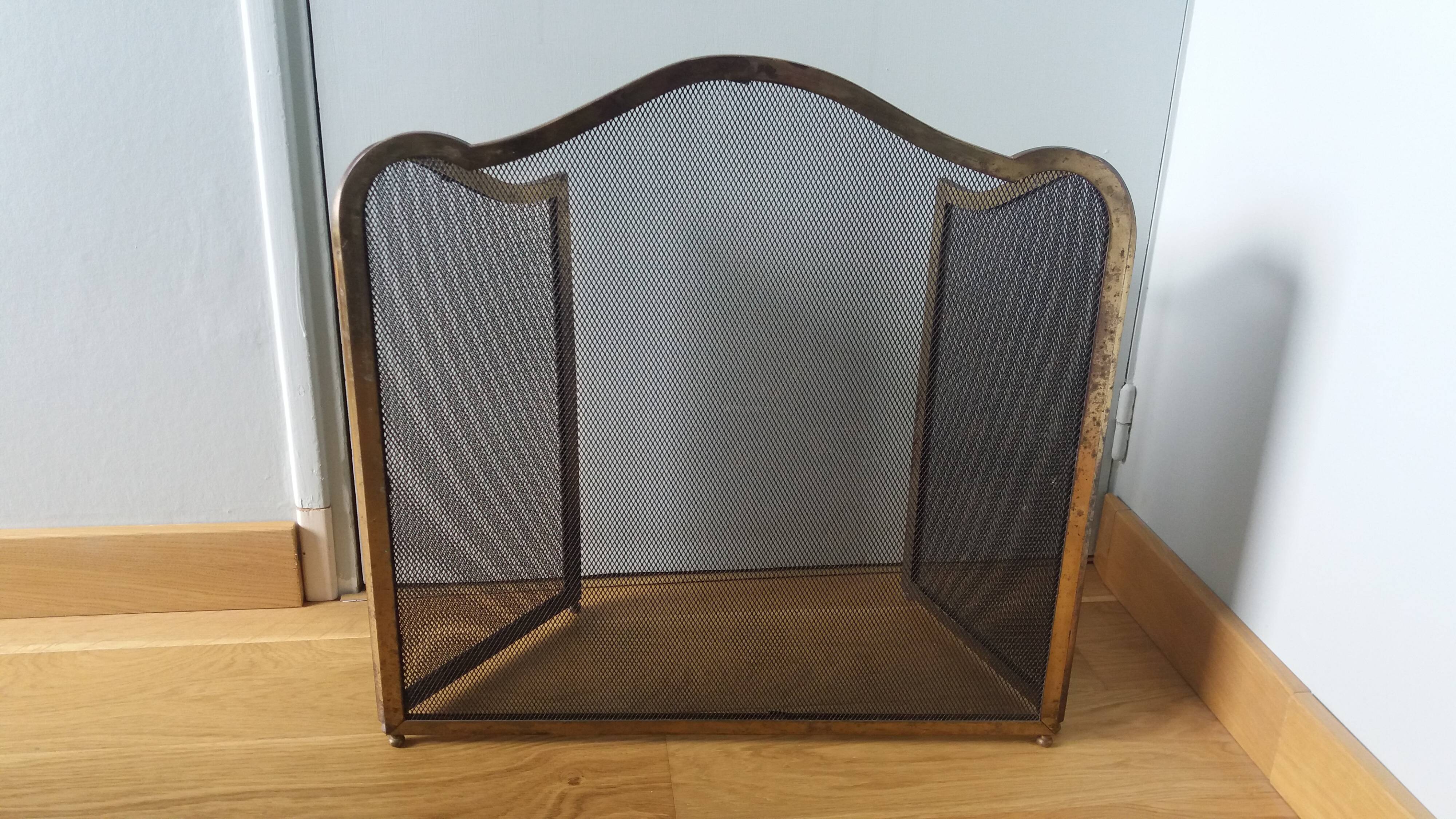 Fire screen, three-panel fireplace screen.