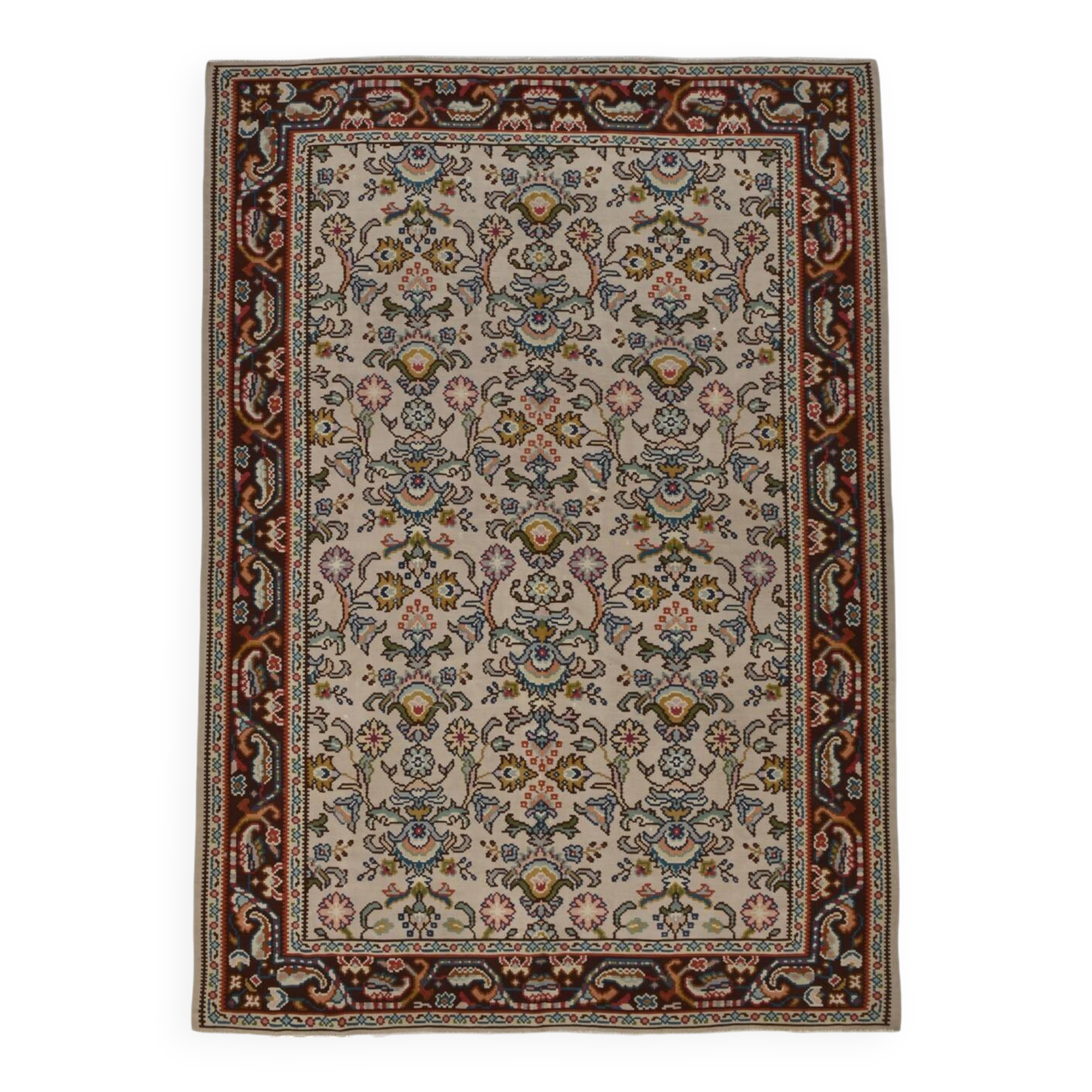 Kilim persan tons crème et bordeaux, motifs floraux élégants vintage