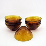 8 amber yellow glass bowls - embossed flower patterns - Daisy Vereco France - vintage 70s