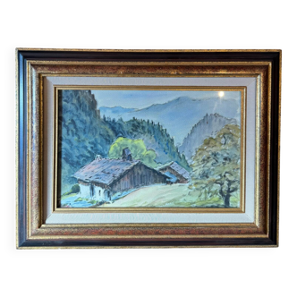 Old painting of a mountain farm landscape from the 50s/70s.