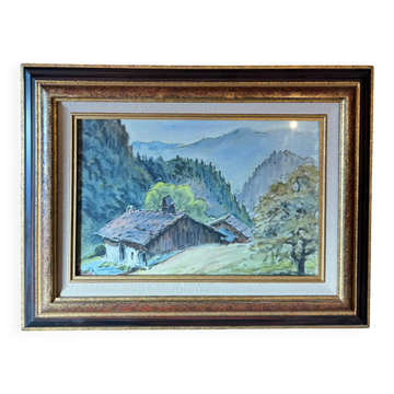 Old painting of a mountain farm landscape from the 50s/70s.