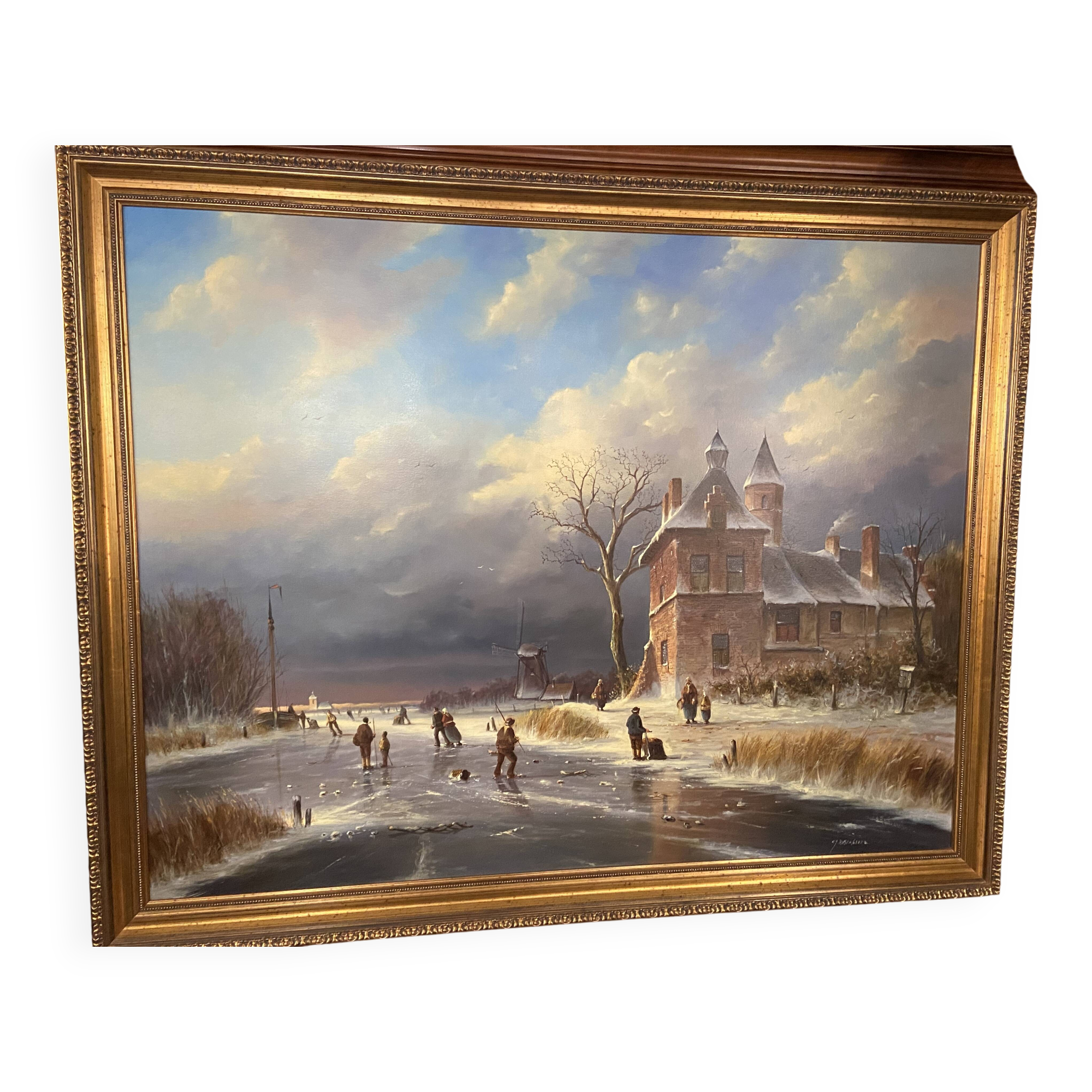 Huge oil painting on canvas Dutch school winter landscape 164x132