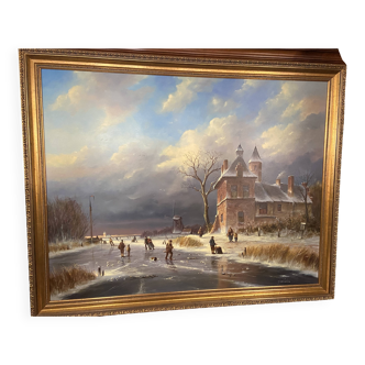 Huge oil painting on canvas Dutch school winter landscape 164x132