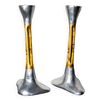 Pair of Brutalist candlesticks by David Marshall, bronze and aluminum, Spain, 1970