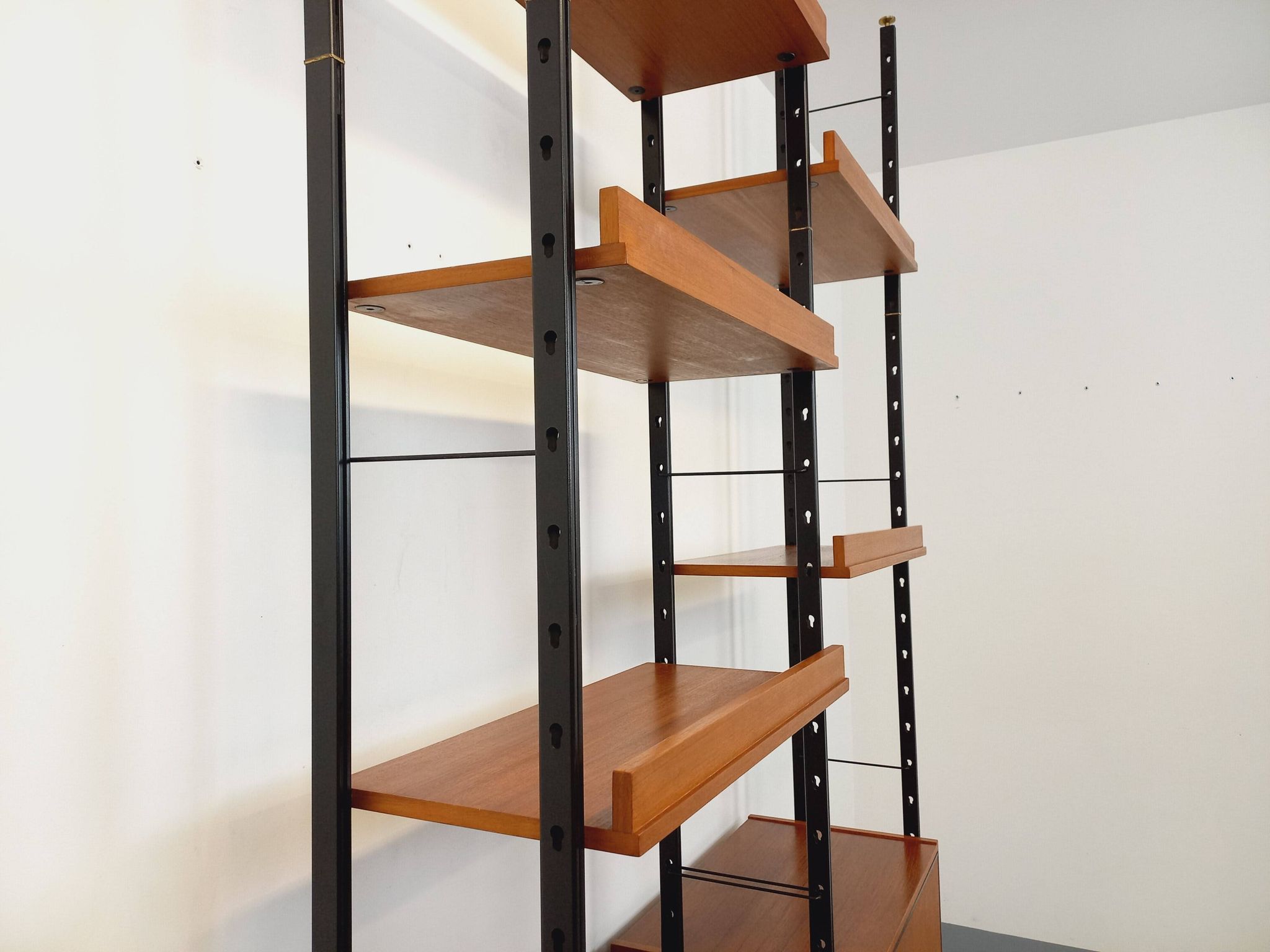 Vintage Italian double modular shelf bookcase in teak and metal
