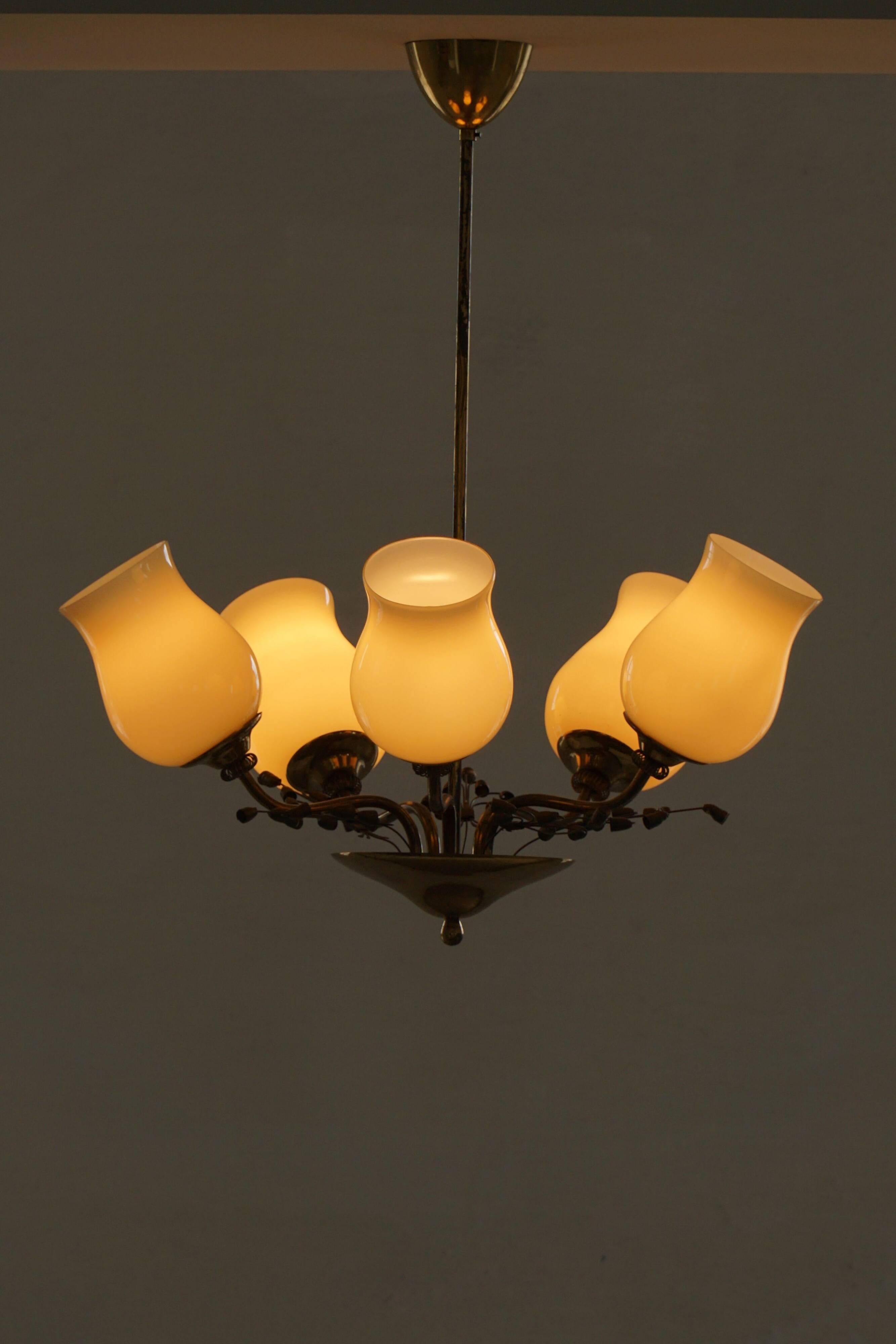 Brass and glass chandelier, Lisa Johansson-Pape for Stockmann, Finland, 1940s.