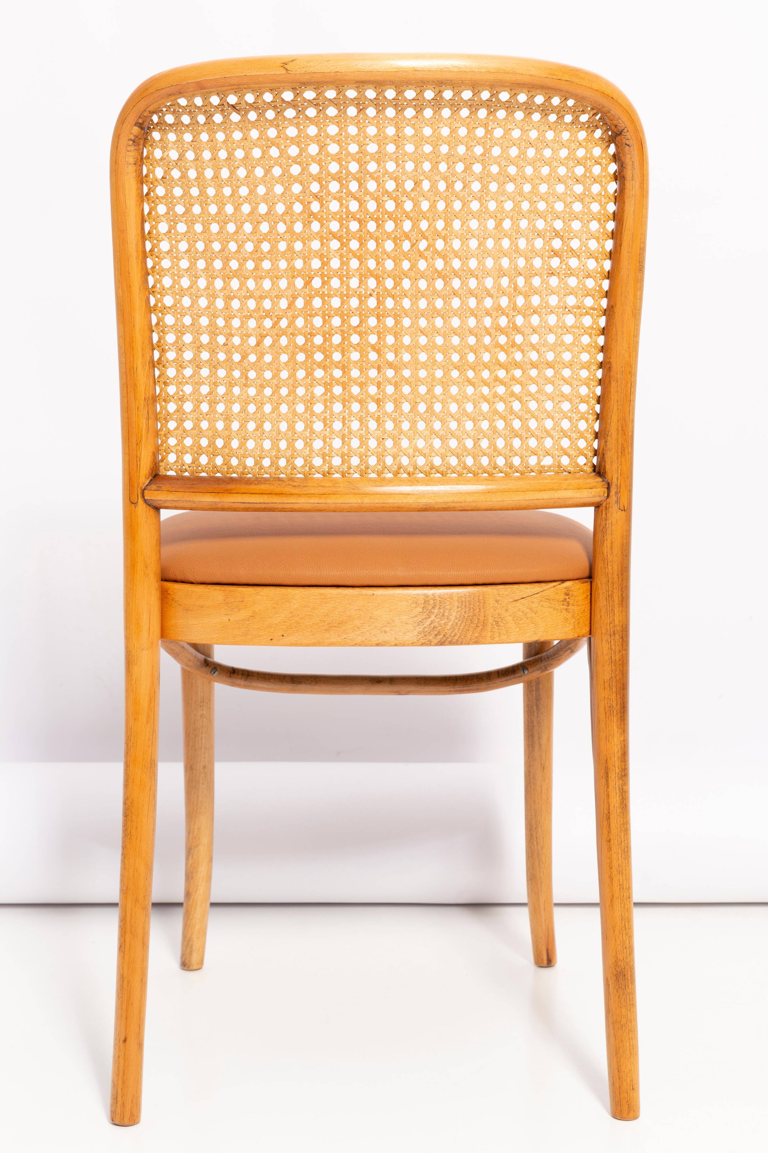 Thonet chair in rattan, camel faux leather and wood - 1960s