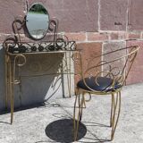 Dressing table and chair in gilded metal and opaline glass.