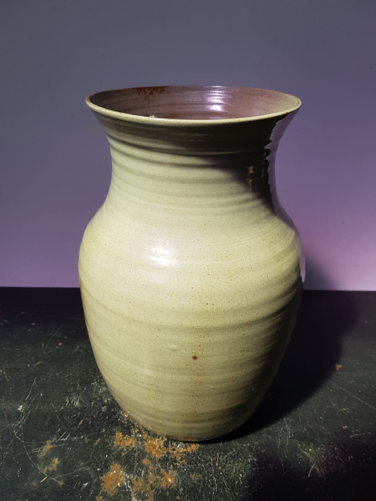 Old brown sandstone vase & beige signed deco 70s vintage